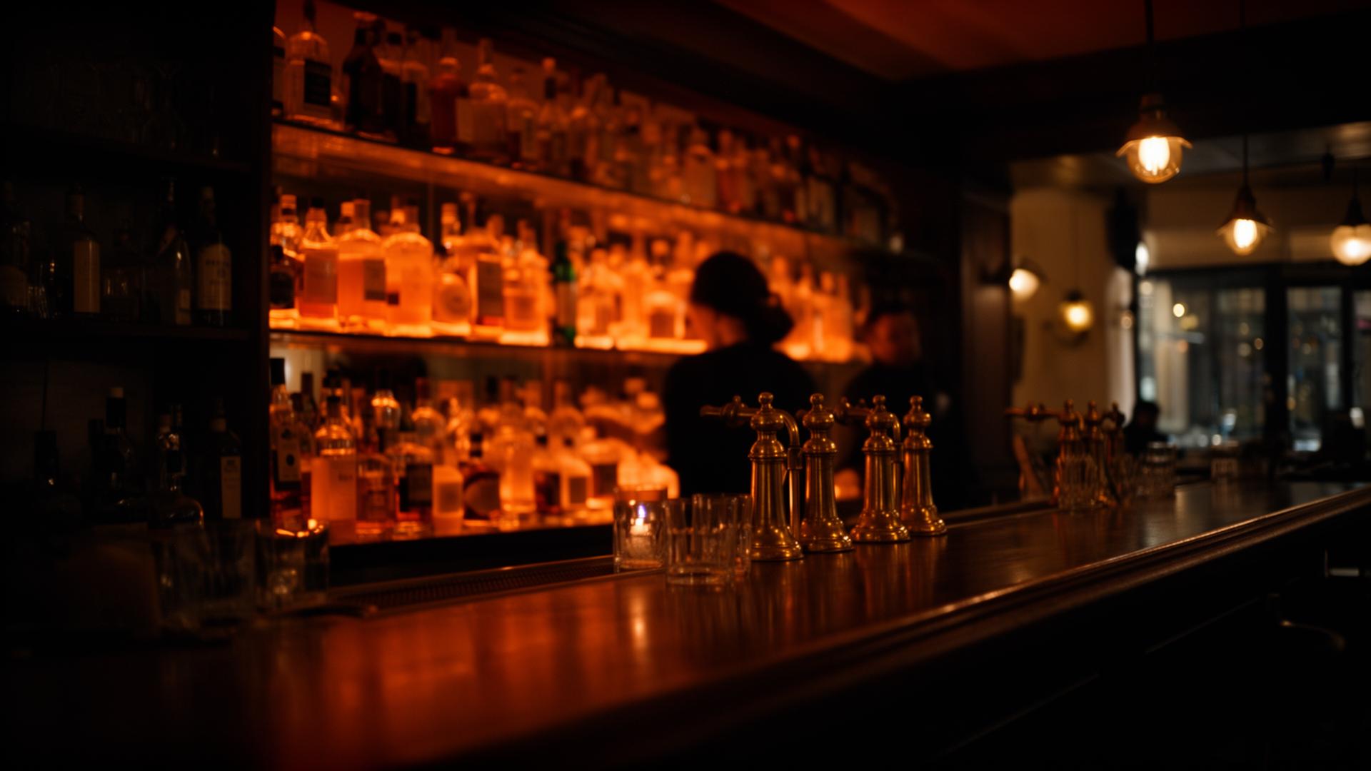 Bar z podświetlonymi butelkami